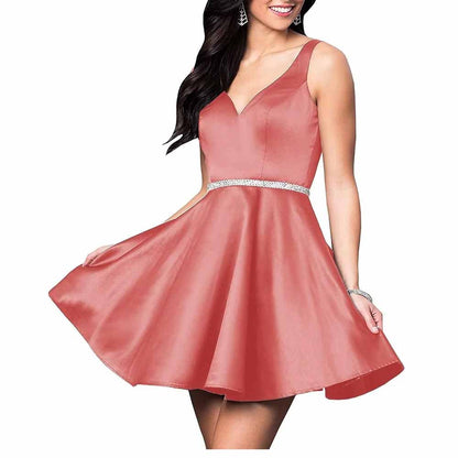 Teens Short Homecoming Dresses Pocket V-Neck Open Back Satin Prom Party Gowns