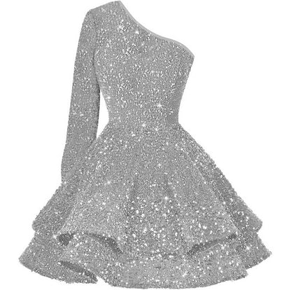 Sparkly Sequin Short Homecoming Dresses One Shoulder Glitter Tiered Short Gowns
