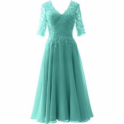 Women Midi Mother Bride Dresses 3/4 Sleeves V Neck Wedding Guest Tea Length Bridesmaid Dress