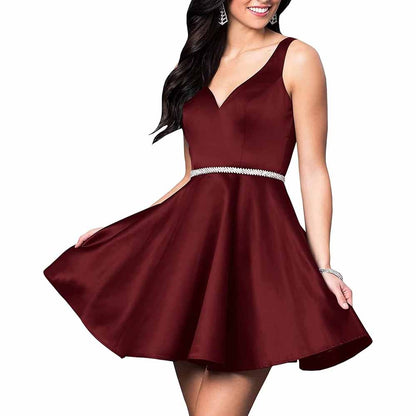 Teens Short Homecoming Dresses Pocket V-Neck Open Back Satin Prom Party Gowns