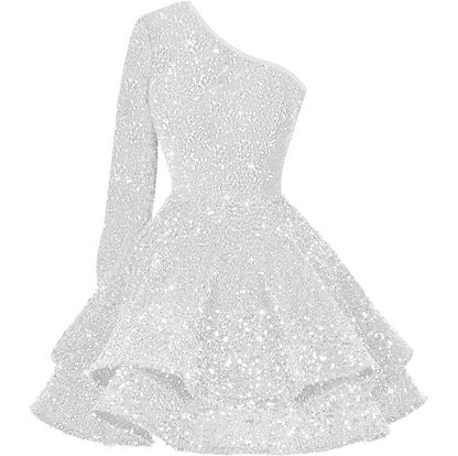 Sparkly Sequin Short Homecoming Dresses One Shoulder Glitter Tiered Short Gowns
