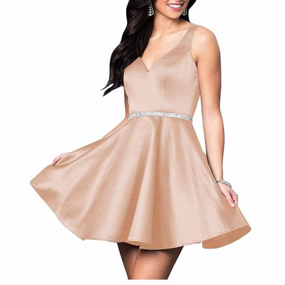 Teens Short Homecoming Dresses Pocket V-Neck Open Back Satin Prom Party Gowns