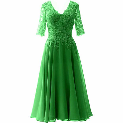 Women Midi Mother Bride Dresses 3/4 Sleeves V Neck Wedding Guest Tea Length Bridesmaid Dress