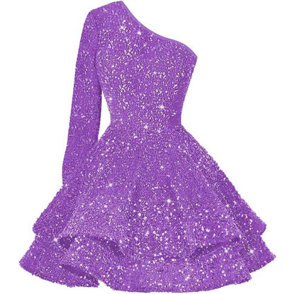 Sparkly Sequin Short Homecoming Dresses One Shoulder Glitter Tiered Short Gowns