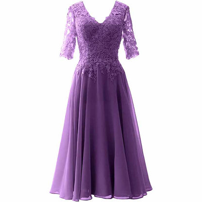 Women Midi Mother Bride Dresses 3/4 Sleeves V Neck Wedding Guest Tea Length Bridesmaid Dress