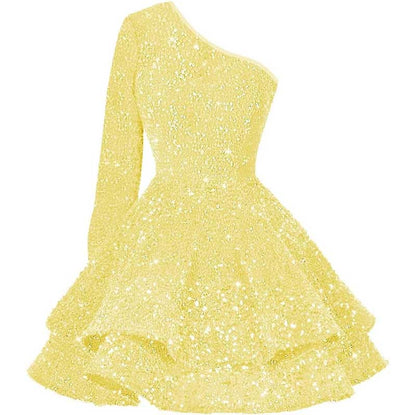 Sparkly Sequin Short Homecoming Dresses One Shoulder Glitter Tiered Short Gowns