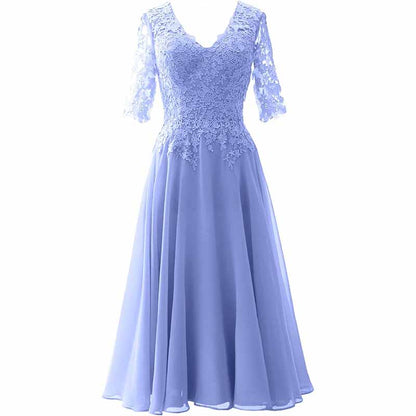 Women Midi Mother Bride Dresses 3/4 Sleeves V Neck Wedding Guest Tea Length Bridesmaid Dress
