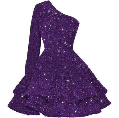 Sparkly Sequin Short Homecoming Dresses One Shoulder Glitter Tiered Short Gowns