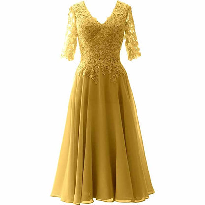 Women Midi Mother Bride Dresses 3/4 Sleeves V Neck Wedding Guest Tea Length Bridesmaid Dress