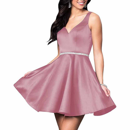 Teens Short Homecoming Dresses Pocket V-Neck Open Back Satin Prom Party Gowns