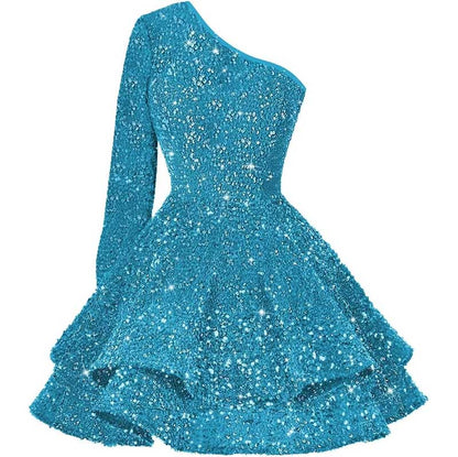 Sparkly Sequin Short Homecoming Dresses One Shoulder Glitter Tiered Short Gowns