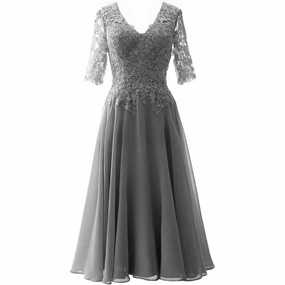 Women Midi Mother Bride Dresses 3/4 Sleeves V Neck Wedding Guest Tea Length Bridesmaid Dress