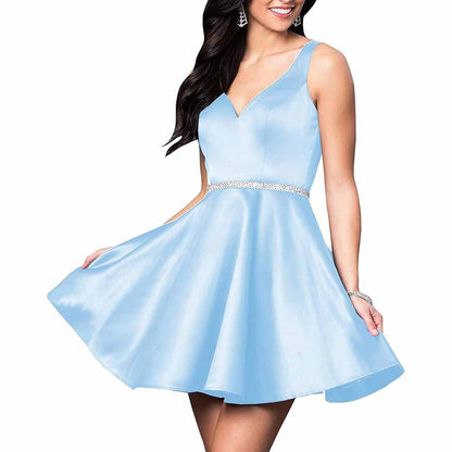 Teens Short Homecoming Dresses Pocket V-Neck Open Back Satin Prom Party Gowns