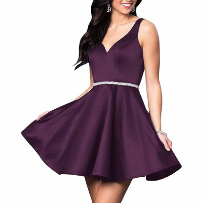 Teens Short Homecoming Dresses Pocket V-Neck Open Back Satin Prom Party Gowns