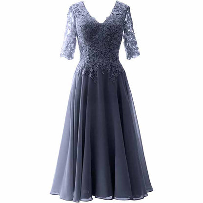 Women Midi Mother Bride Dresses 3/4 Sleeves V Neck Wedding Guest Tea Length Bridesmaid Dress