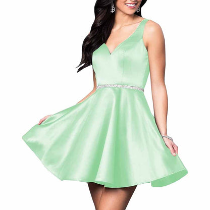 Teens Short Homecoming Dresses Pocket V-Neck Open Back Satin Prom Party Gowns