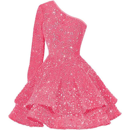 Sparkly Sequin Short Homecoming Dresses One Shoulder Glitter Tiered Short Gowns