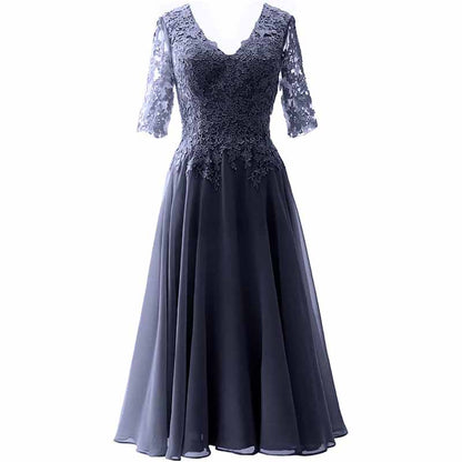 Women Midi Mother Bride Dresses 3/4 Sleeves V Neck Wedding Guest Tea Length Bridesmaid Dress