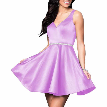 Teens Short Homecoming Dresses Pocket V-Neck Open Back Satin Prom Party Gowns