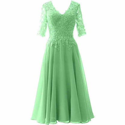 Women Midi Mother Bride Dresses 3/4 Sleeves V Neck Wedding Guest Tea Length Bridesmaid Dress