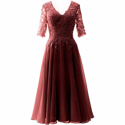 Women Midi Mother Bride Dresses 3/4 Sleeves V Neck Wedding Guest Tea Length Bridesmaid Dress