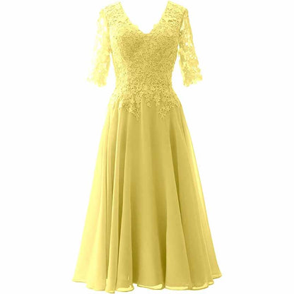 Women Midi Mother Bride Dresses 3/4 Sleeves V Neck Wedding Guest Tea Length Bridesmaid Dress