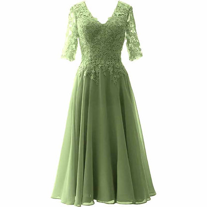 Women Midi Mother Bride Dresses 3/4 Sleeves V Neck Wedding Guest Tea Length Bridesmaid Dress