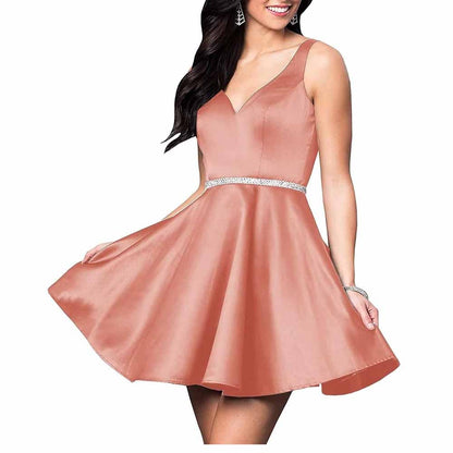 Teens Short Homecoming Dresses Pocket V-Neck Open Back Satin Prom Party Gowns