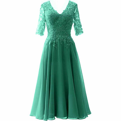 Women Midi Mother Bride Dresses 3/4 Sleeves V Neck Wedding Guest Tea Length Bridesmaid Dress