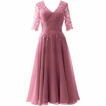 Women Midi Mother Bride Dresses 3/4 Sleeves V Neck Wedding Guest Tea Length Bridesmaid Dress