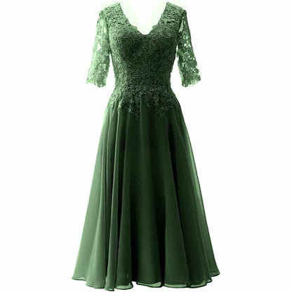 Women Midi Mother Bride Dresses 3/4 Sleeves V Neck Wedding Guest Tea Length Bridesmaid Dress
