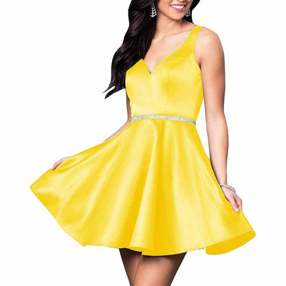 Teens Short Homecoming Dresses Pocket V-Neck Open Back Satin Prom Party Gowns