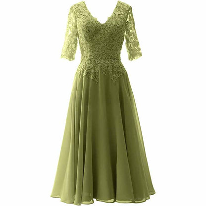 Women Midi Mother Bride Dresses 3/4 Sleeves V Neck Wedding Guest Tea Length Bridesmaid Dress