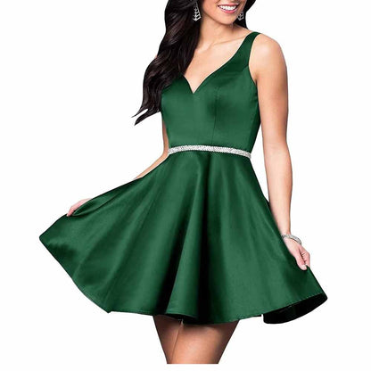 Teens Short Homecoming Dresses Pocket V-Neck Open Back Satin Prom Party Gowns