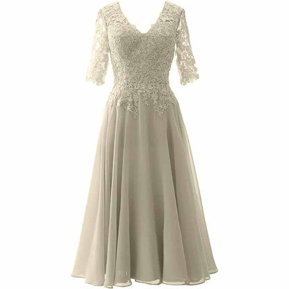 Women Midi Mother Bride Dresses 3/4 Sleeves V Neck Wedding Guest Tea Length Bridesmaid Dress
