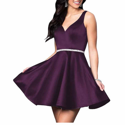 Teens Short Homecoming Dresses Pocket V-Neck Open Back Satin Prom Party Gowns