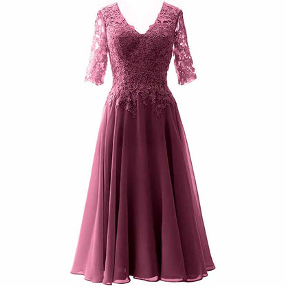 Women Midi Mother Bride Dresses 3/4 Sleeves V Neck Wedding Guest Tea Length Bridesmaid Dress