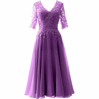 Women Midi Mother Bride Dresses 3/4 Sleeves V Neck Wedding Guest Tea Length Bridesmaid Dress