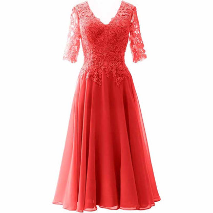 Women Midi Mother Bride Dresses 3/4 Sleeves V Neck Wedding Guest Tea Length Bridesmaid Dress