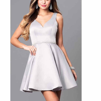 Teens Short Homecoming Dresses Pocket V-Neck Open Back Satin Prom Party Gowns