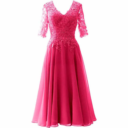 Women Midi Mother Bride Dresses 3/4 Sleeves V Neck Wedding Guest Tea Length Bridesmaid Dress