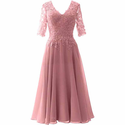 Women Midi Mother Bride Dresses 3/4 Sleeves V Neck Wedding Guest Tea Length Bridesmaid Dress
