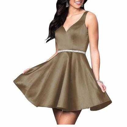 Teens Short Homecoming Dresses Pocket V-Neck Open Back Satin Prom Party Gowns