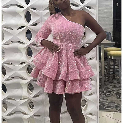 Sparkly Sequin Short Homecoming Dresses One Shoulder Glitter Tiered Short Gowns