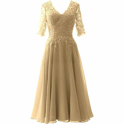 Women Midi Mother Bride Dresses 3/4 Sleeves V Neck Wedding Guest Tea Length Bridesmaid Dress