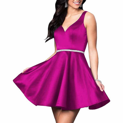 Teens Short Homecoming Dresses Pocket V-Neck Open Back Satin Prom Party Gowns