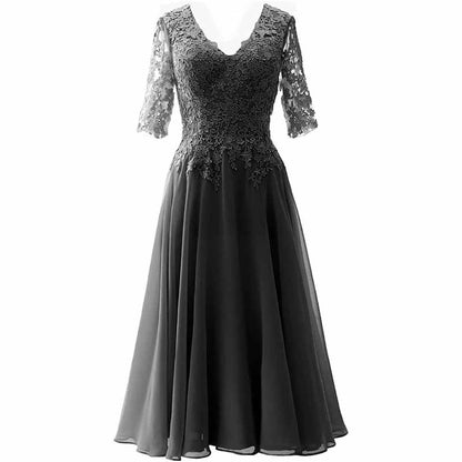 Women Midi Mother Bride Dresses 3/4 Sleeves V Neck Wedding Guest Tea Length Bridesmaid Dress