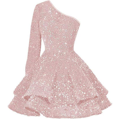 Sparkly Sequin Short Homecoming Dresses One Shoulder Glitter Tiered Short Gowns