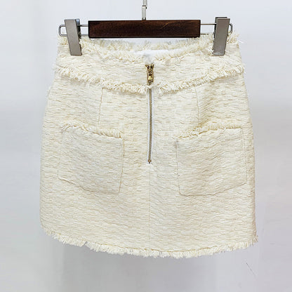 Ivory Tweed Crop Top Jacket + Mini Skirt Suit