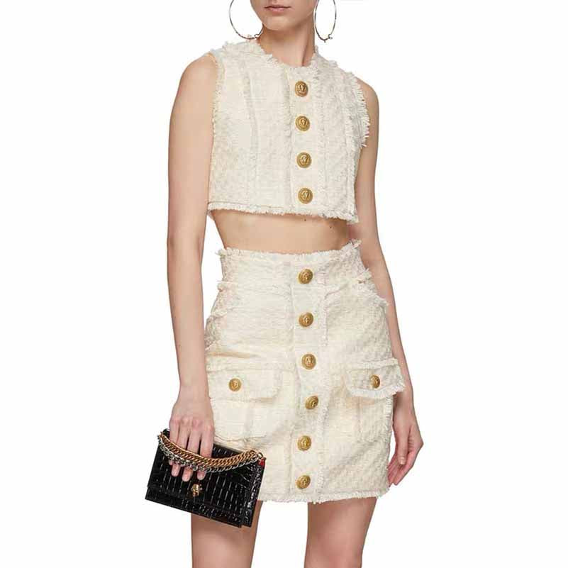 Ivory Tweed Crop Top Jacket + Mini Skirt Suit